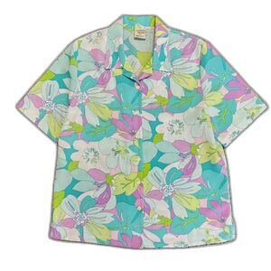 Vintage Allison Daley Blue Tropical Crinkle Texture SS Camp Shirt Size 14